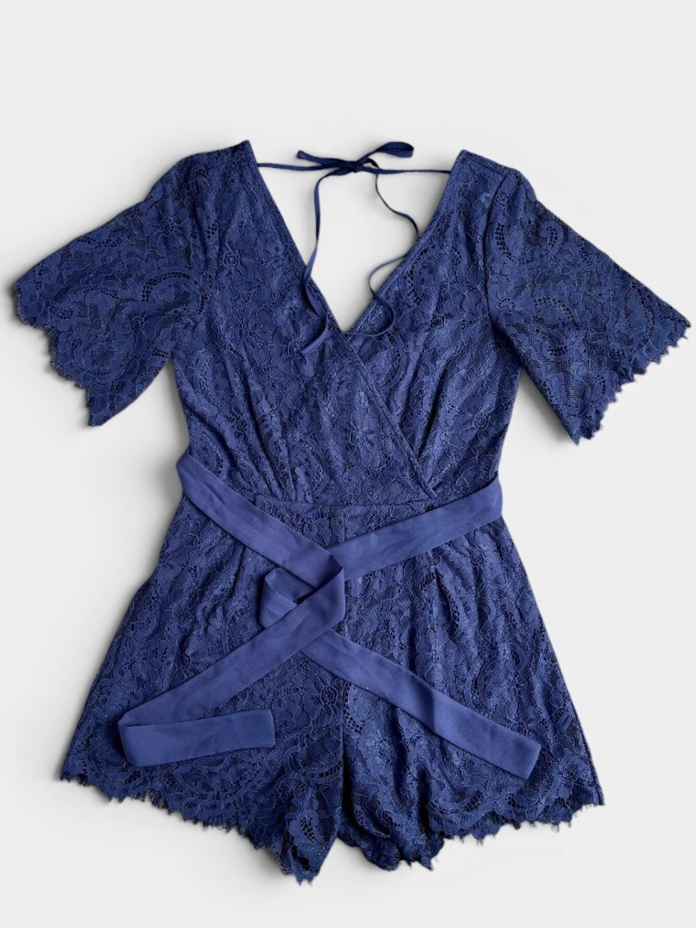 Blue Rain Navy Blue Lace Romper Wrap Front Tie Waist Flutter Sleeve Size Small - Picture 2 of 16